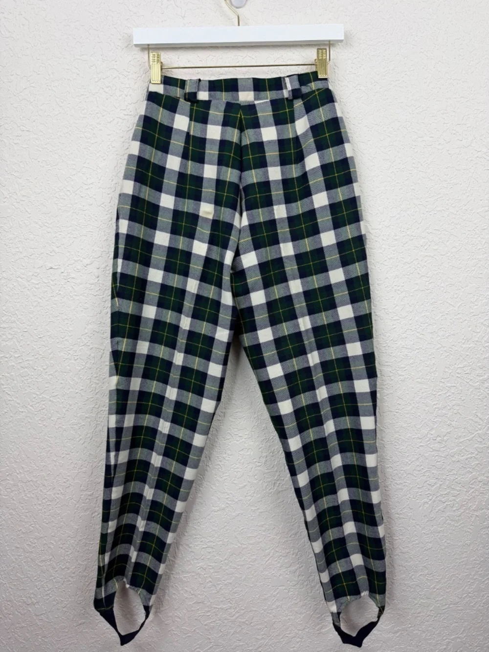 Vintage Express Women's Green Navy Plaid Stretch Stirrup Pants 80s 7/8 Long